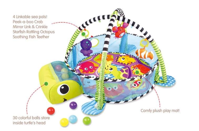 Suprills 3 in 1 Turtle Shape Baby Essentials for New-born | Multifunctional Activity Baby Gym Pit and Baby Play Mat with 30pcs Balls, Mesh Sides - Ideal Baby Toys