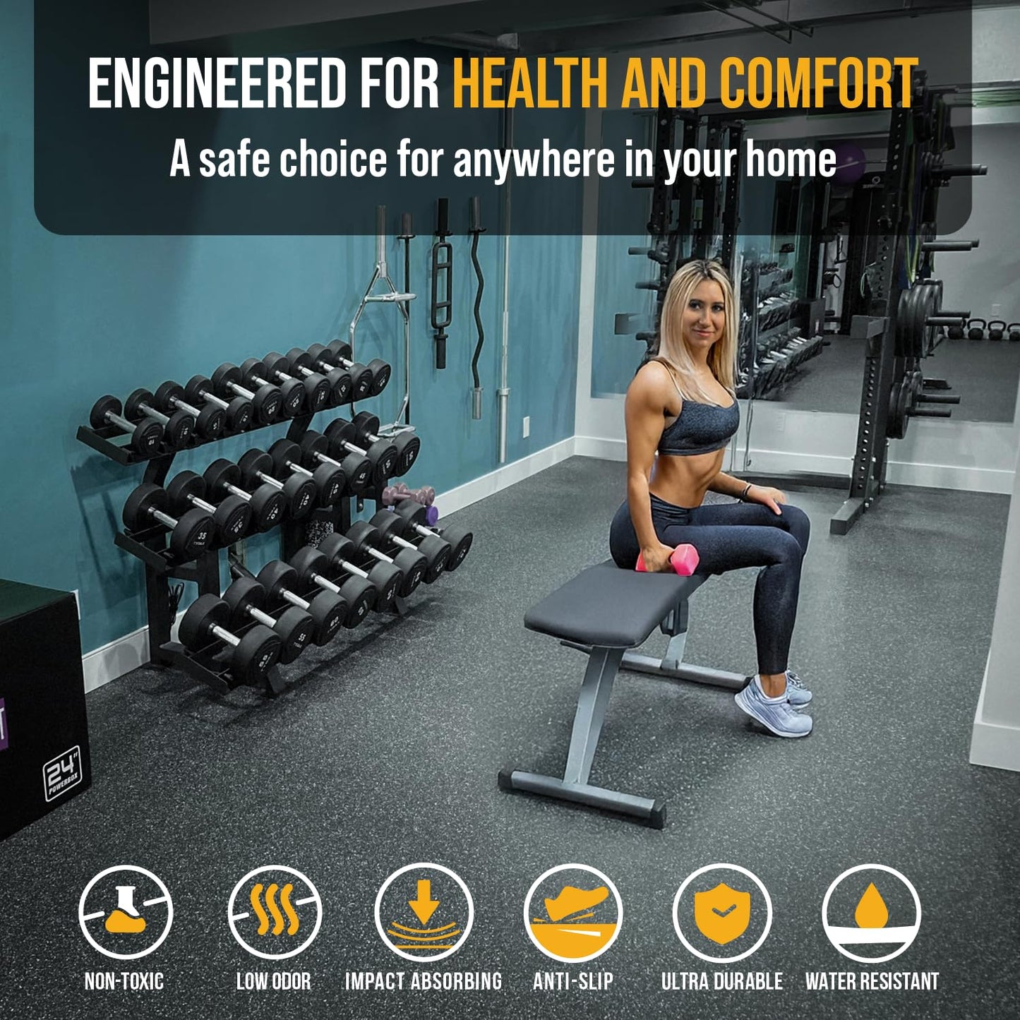 Rubber King Interlocking Tiles – Best Indoor Gym & Exercise Performance Flooring 19” x 19”- 6mm 10pc (Grey)