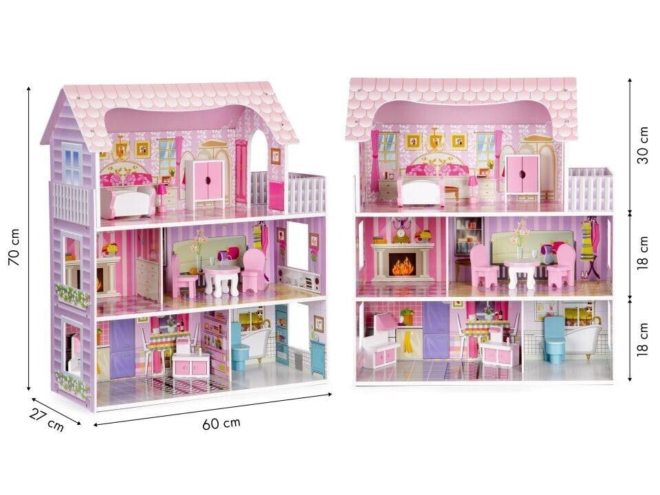 Suprills Wooden Dollhouse with 11-Piece Furniture & Staircase — 3-Storey Large Pretend Play Set for Kids