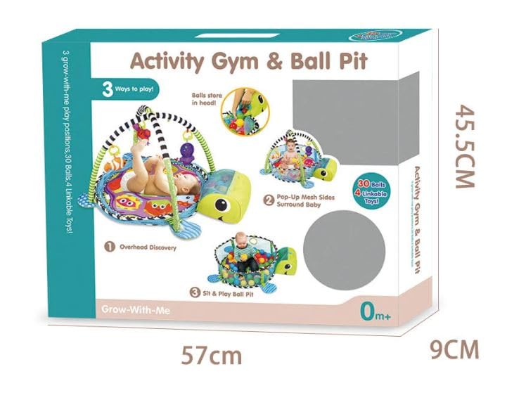Suprills 3 in 1 Turtle Shape Baby Essentials for New-born | Multifunctional Activity Baby Gym Pit and Baby Play Mat with 30pcs Balls, Mesh Sides - Ideal Baby Toys