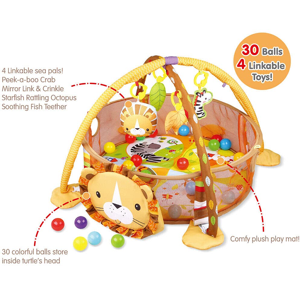 Suprills 3 in 1 Lion/Turtle Shape Baby Essentials for New-born | Multifunctional Activity Baby Gym Pit and Baby Play Mat with 30pcs Balls, Mesh Sides - Ideal Baby Toys