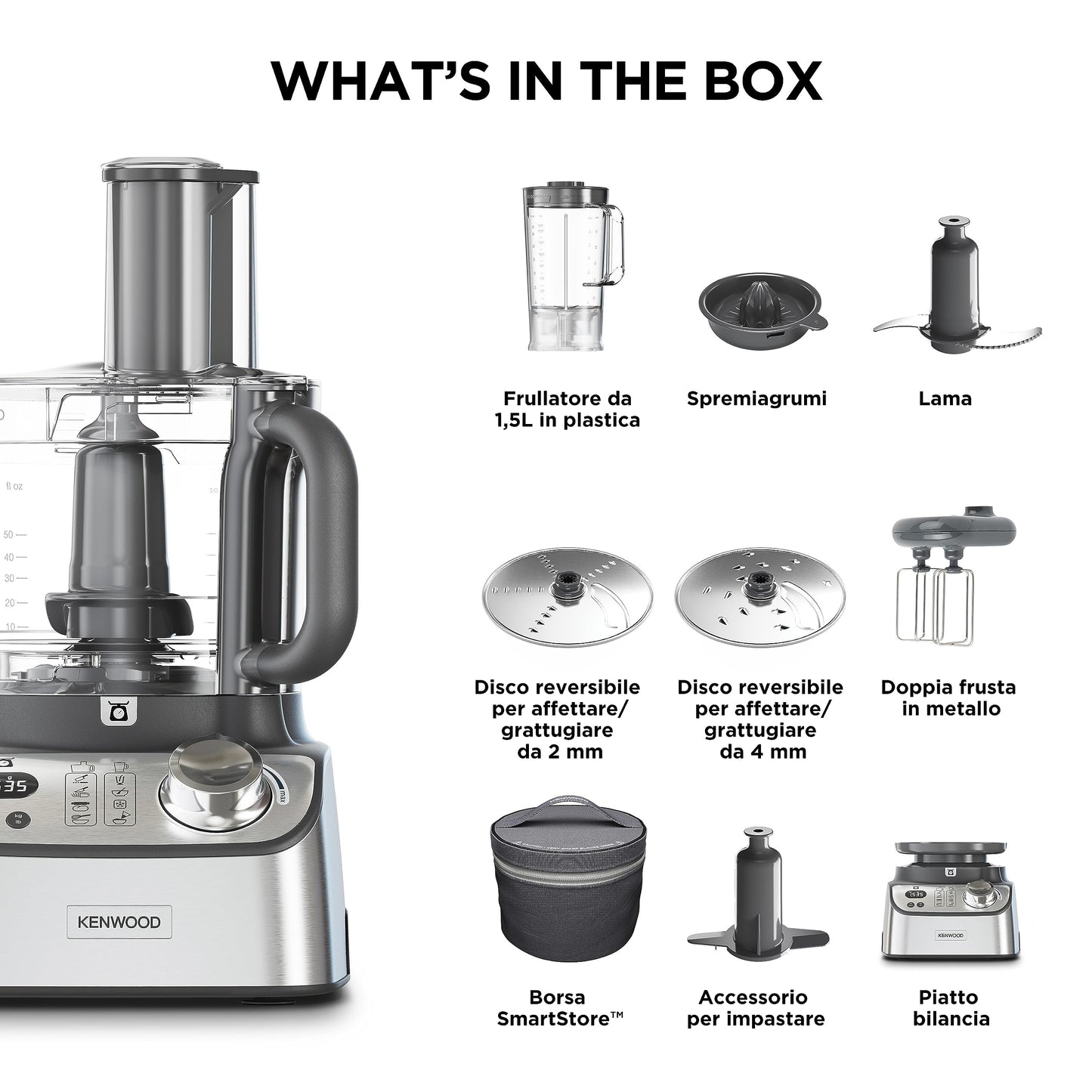 Kenwood FDM71.450SS MulticolorPro Express Weigh food processor with 8 accessories, adjustable speed with pulse function, integrated digital scale, capacity 3 l, Silver,Silver.