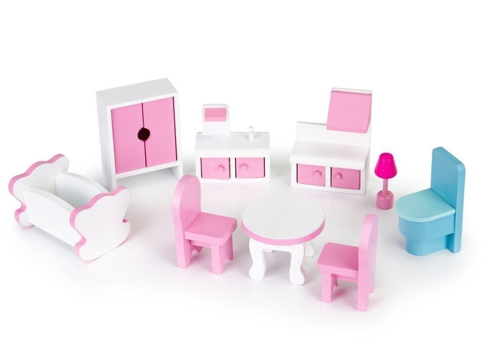 Suprills Wooden Dollhouse with 11-Piece Furniture & Staircase — 3-Storey Large Pretend Play Set for Kids