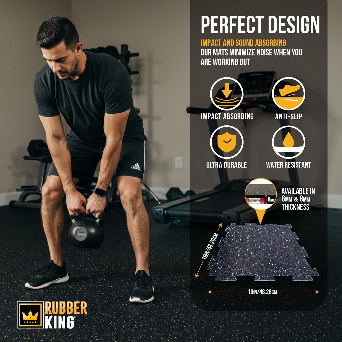Rubber King Interlocking Tiles – Best Indoor Gym & Exercise Performance Flooring 19” x 19”- 6mm 10pc (Grey)