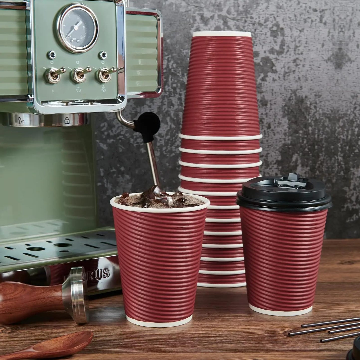 Suprills 16 oz Kraft Strong Ripple Disposable 100 Coffee Cups with Lids - Triple Wall Insulated Coffee Cup Set, Leak Proof Lids - Coffee Cups for Hot Beverages, Takeaway Drinks
