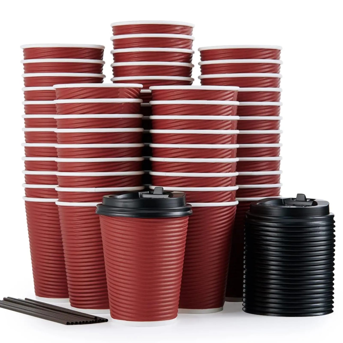 Suprills 16 oz Kraft Strong Ripple Disposable 100 Coffee Cups with Lids - Triple Wall Insulated Coffee Cup Set, Leak Proof Lids - Coffee Cups for Hot Beverages, Takeaway Drinks