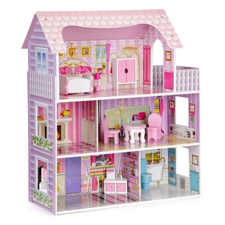 Suprills Wooden Dollhouse with 11-Piece Furniture & Staircase — 3-Storey Large Pretend Play Set for Kids