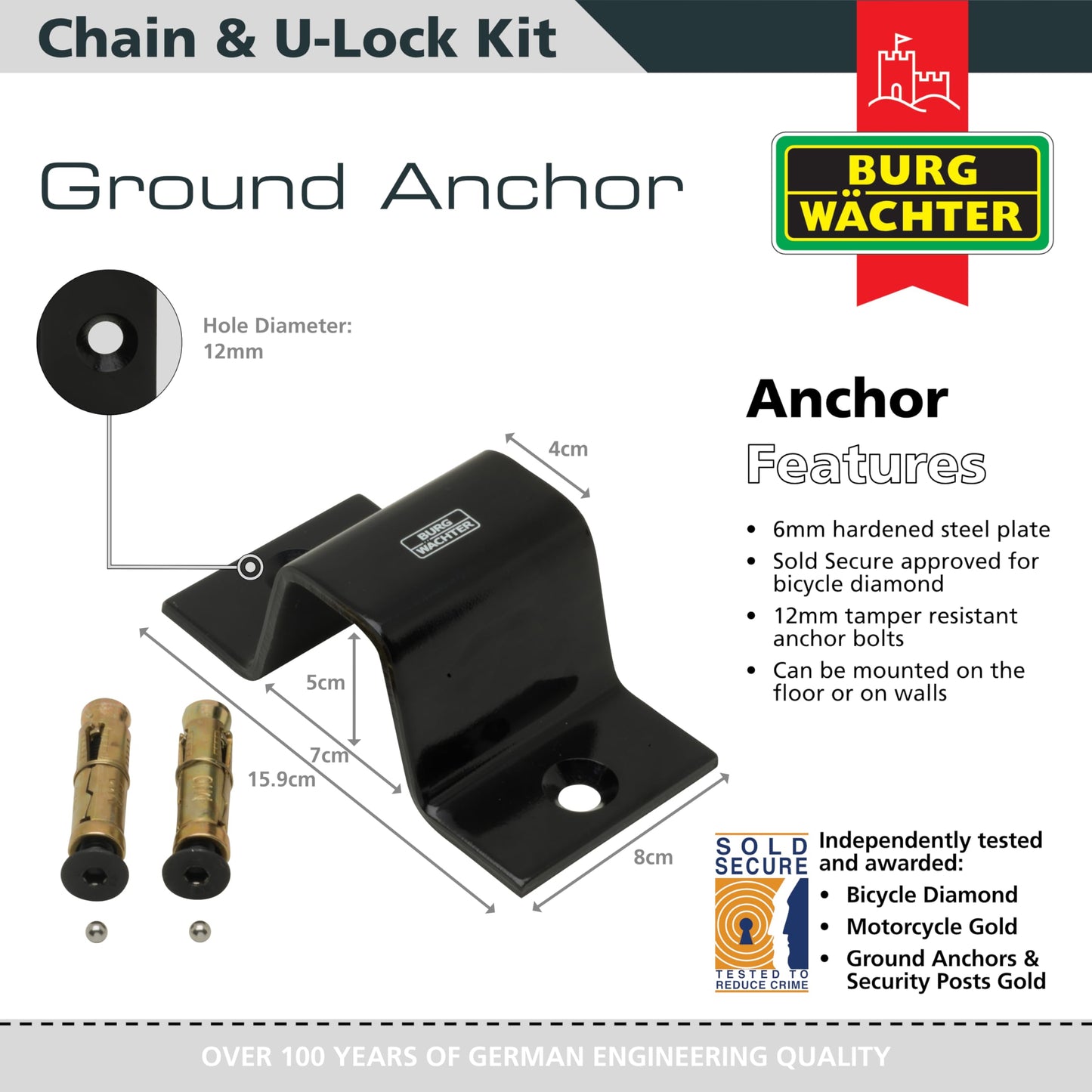 Burg-Wächter 12mm Sold Secure Chain & Ground Anchor Diamond Bike Lock