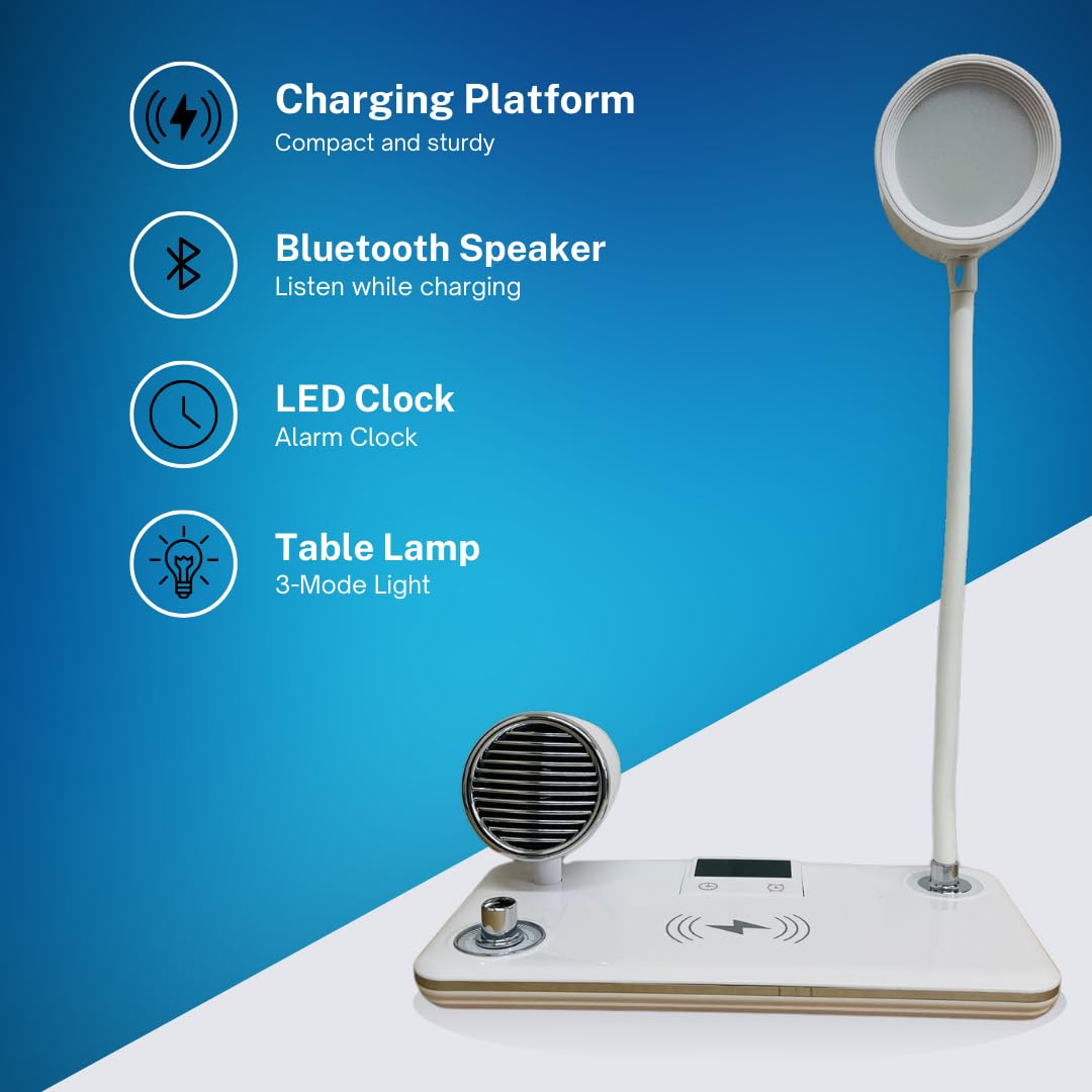 Suprills 4 in 1 Wireless iPhone Charger LED Desk lamp,Bedside Table Lamp with Bluetooth Speaker for Music & Clock Alarm, Touch Control, Adjustable Gooseneck, Dimmable Eye-Caring LED Light