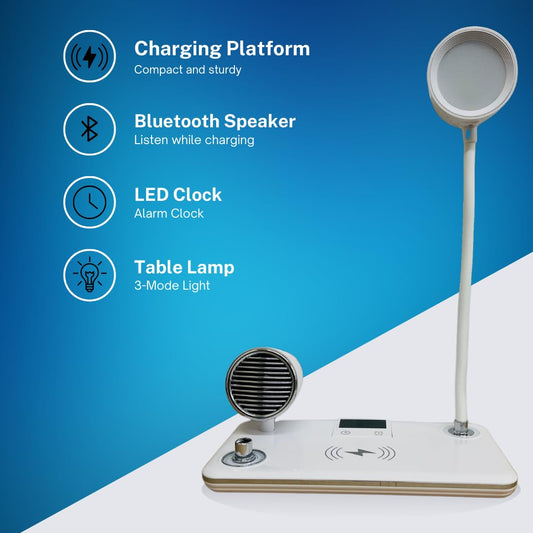 Suprills 4 in 1 Wireless iPhone Charger LED Desk lamp,Bedside Table Lamp with Bluetooth Speaker for Music & Clock Alarm, Touch Control, Adjustable Gooseneck, Dimmable Eye-Caring LED Light