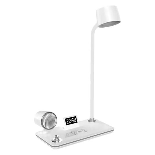 Suprills 4 in 1 Wireless iPhone Charger LED Desk lamp,Bedside Table Lamp with Bluetooth Speaker for Music & Clock Alarm, Touch Control, Adjustable Gooseneck, Dimmable Eye-Caring LED Light