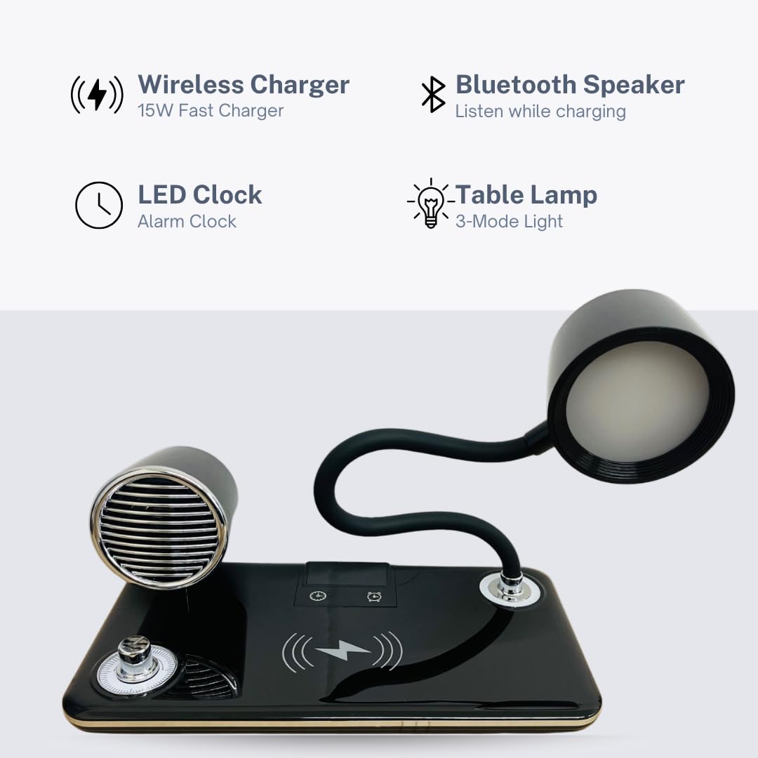 Suprills 4 in 1 Wireless iPhone Charger LED Desk lamp,Bedside Table Lamp with Bluetooth Speaker for Music & Clock Alarm, Touch Control, Adjustable Gooseneck, Dimmable Eye-Caring LED Light