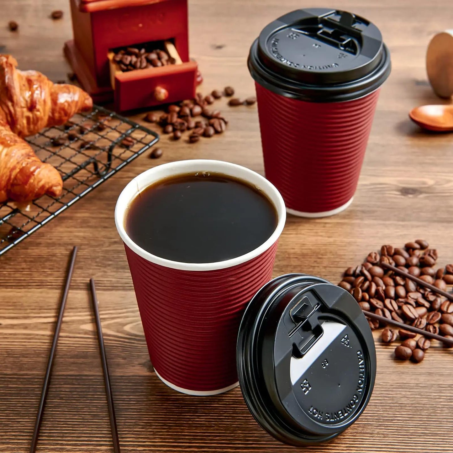 Suprills 16 oz Kraft Strong Ripple Disposable 100 Coffee Cups with Lids - Triple Wall Insulated Coffee Cup Set, Leak Proof Lids - Coffee Cups for Hot Beverages, Takeaway Drinks