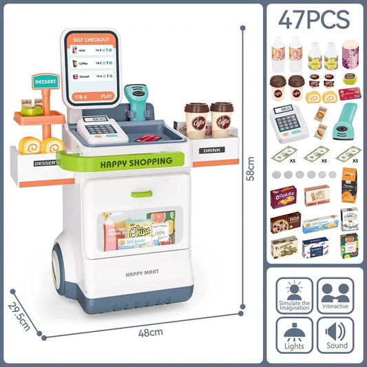 Kids Home Super Market Shopping Till Cash Register Set + Electrical Scanner & POS Machine Toy with 47 Accessories,Educational Learning Playset For Boys Girls Ages 3+ Years