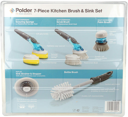 Polder 7-Piece Kitchen Brush & Sink Set, White