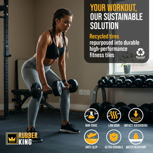 Rubber King Interlocking Tiles – Best Indoor Gym & Exercise Performance Flooring 19” x 19”- 6mm 10pc (Grey)