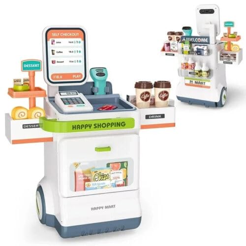 Kids Home Super Market Shopping Till Cash Register Set + Electrical Scanner & POS Machine Toy with 47 Accessories,Educational Learning Playset For Boys Girls Ages 3+ Years