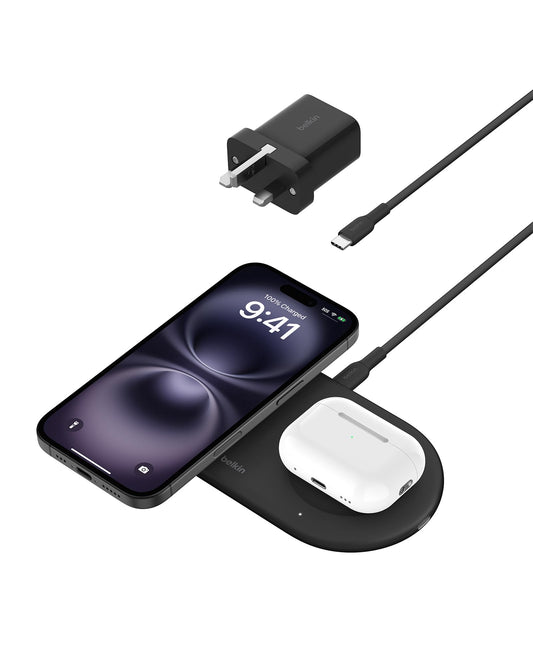 Belkin BoostCharge Pro 2-in-1 Wireless Charging Pad with Magnetic Qi2 15W, Fast Charging iPhone Wireless Charger Compatible with iPhone 16/15/14 Series, AirPods, MagSafe Enabled Devices - Black