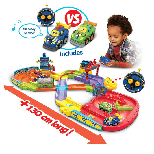 VTech Toot-Toot Drivers Super Circuit RC Raceway, Toy Car Playset with 2 Vehicles Included, 3 Exciting Crash Zones, Songs & Fun Phrases, Interactive Toddler Toy 12 Months, 2, 3, 4 +, English Version