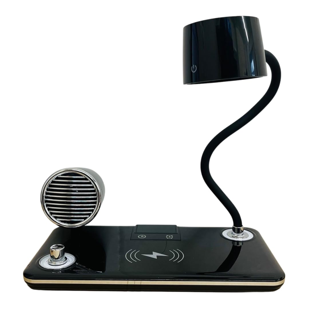 Suprills 4 in 1 Wireless iPhone Charger LED Desk lamp,Bedside Table Lamp with Bluetooth Speaker for Music & Clock Alarm, Touch Control, Adjustable Gooseneck, Dimmable Eye-Caring LED Light