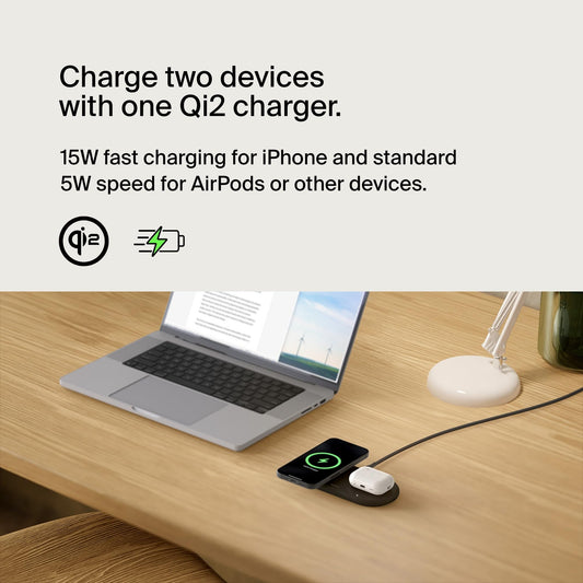 Belkin BoostCharge Pro 2-in-1 Wireless Charging Pad with Magnetic Qi2 15W, Fast Charging iPhone Wireless Charger Compatible with iPhone 16/15/14 Series, AirPods, MagSafe Enabled Devices - Black