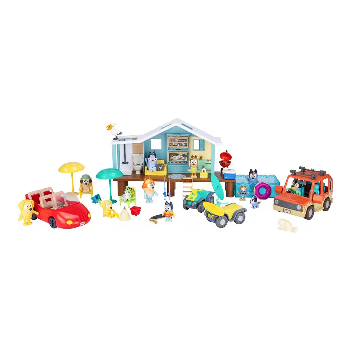 Bluey Friends & Family Beach Bash Mega Set- House Playset 45 Piece Ultimate Mega Set-Large-Includes Sticker Sheet