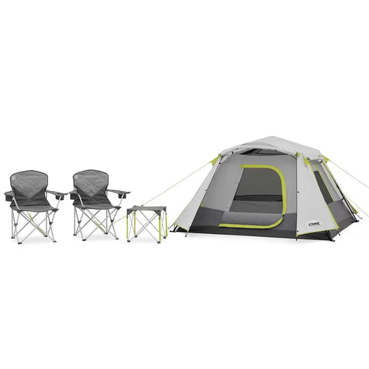 CORE 4 Piece Camping Equipment Combo Set 4 Person Tent with Two Chairs, Table & Bag
