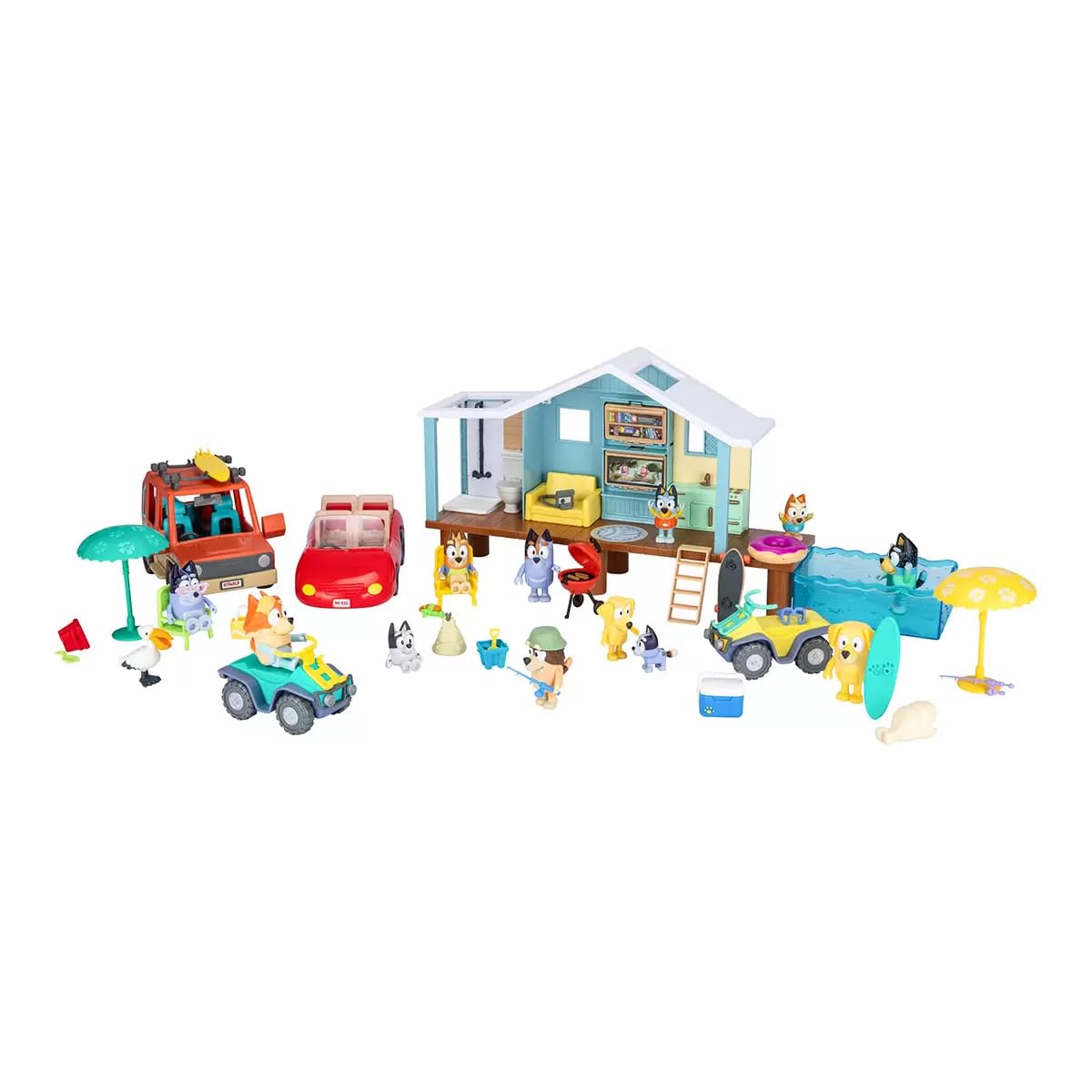 Bluey Friends & Family Beach Bash Mega Set- House Playset 45 Piece Ultimate Mega Set-Large-Includes Sticker Sheet