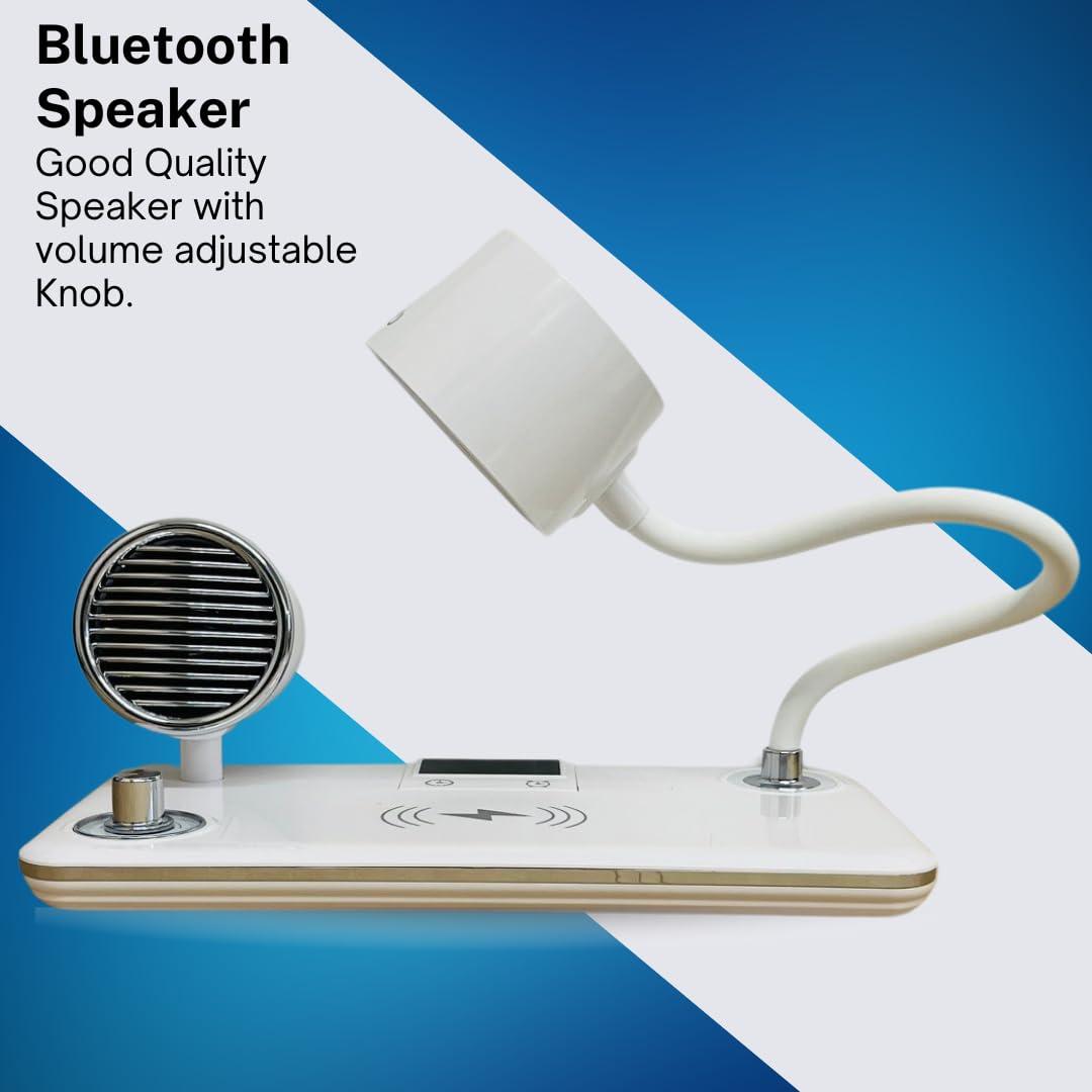 Suprills 4 in 1 Wireless iPhone Charger LED Desk lamp,Bedside Table Lamp with Bluetooth Speaker for Music & Clock Alarm, Touch Control, Adjustable Gooseneck, Dimmable Eye-Caring LED Light