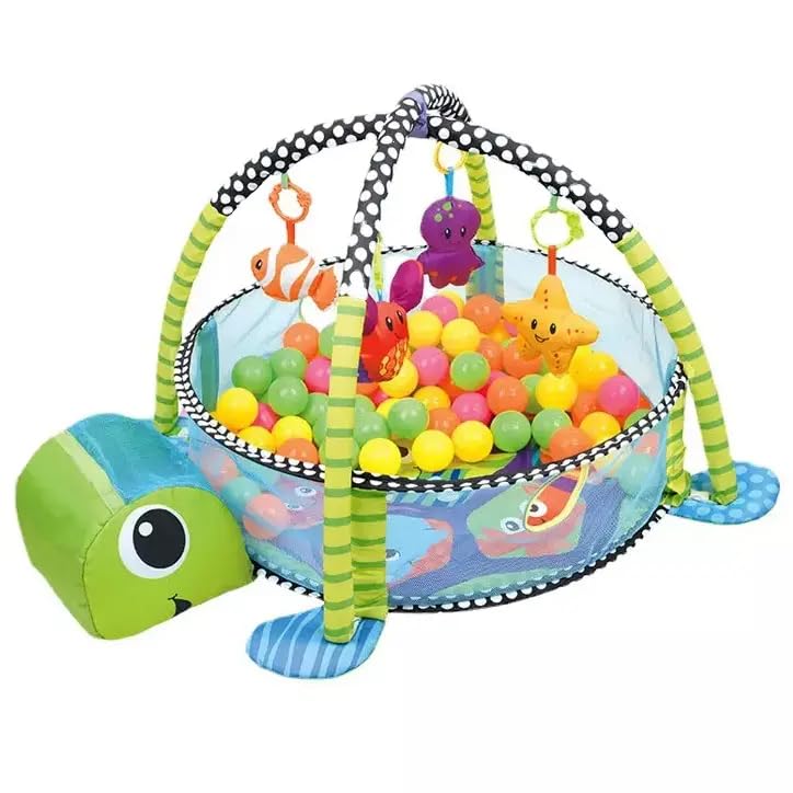 Suprills 3 in 1 Turtle Shape Baby Essentials for New-born | Multifunctional Activity Baby Gym Pit and Baby Play Mat with 30pcs Balls, Mesh Sides - Ideal Baby Toys
