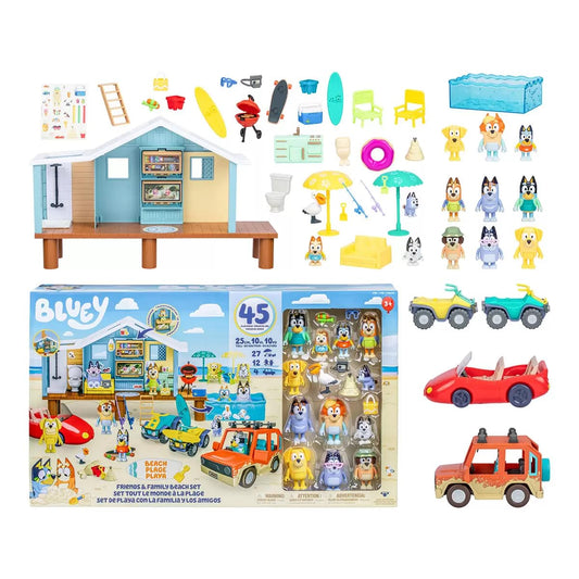 Bluey Friends & Family Beach Bash Mega Set- House Playset 45 Piece Ultimate Mega Set-Large-Includes Sticker Sheet