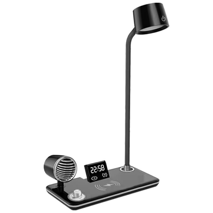 Suprills 4 in 1 Wireless iPhone Charger LED Desk lamp,Bedside Table Lamp with Bluetooth Speaker for Music & Clock Alarm, Touch Control, Adjustable Gooseneck, Dimmable Eye-Caring LED Light