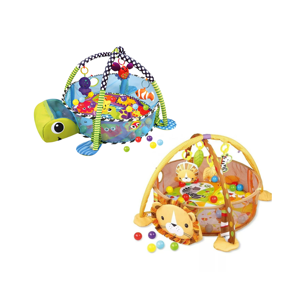 Suprills 3 in 1 Lion/Turtle Shape Baby Essentials for New-born | Multifunctional Activity Baby Gym Pit and Baby Play Mat with 30pcs Balls, Mesh Sides - Ideal Baby Toys