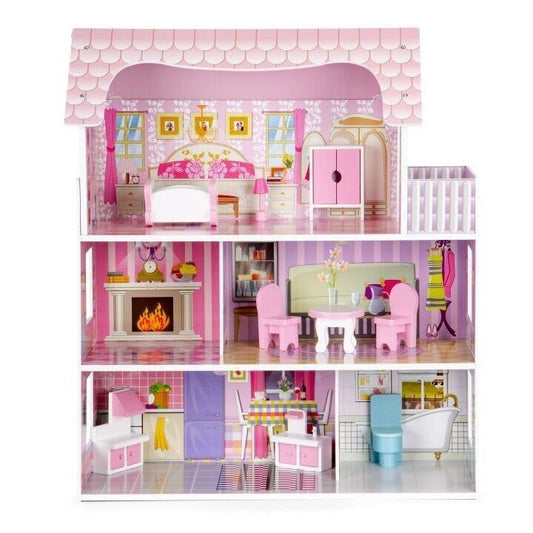 Suprills Wooden Dollhouse with 11-Piece Furniture & Staircase — 3-Storey Large Pretend Play Set for Kids