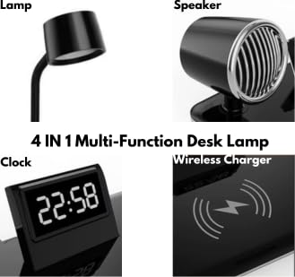 Suprills 4 in 1 Wireless iPhone Charger LED Desk lamp,Bedside Table Lamp with Bluetooth Speaker for Music & Clock Alarm, Touch Control, Adjustable Gooseneck, Dimmable Eye-Caring LED Light