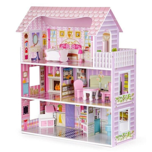 Suprills Wooden Dollhouse with 11-Piece Furniture & Staircase — 3-Storey Large Pretend Play Set for Kids