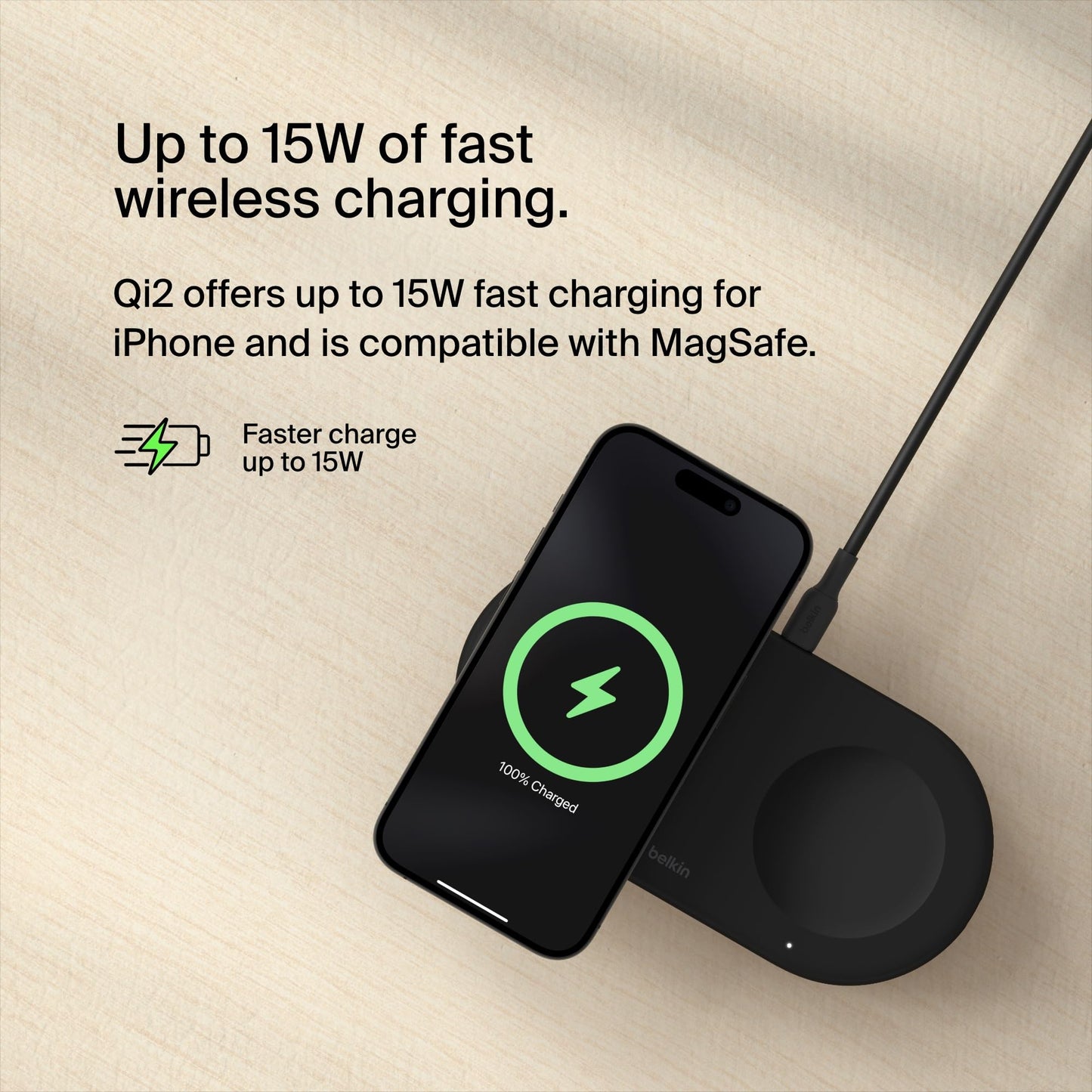 Belkin BoostCharge Pro 2-in-1 Wireless Charging Pad with Magnetic Qi2 15W, Fast Charging iPhone Wireless Charger Compatible with iPhone 16/15/14 Series, AirPods, MagSafe Enabled Devices - Black