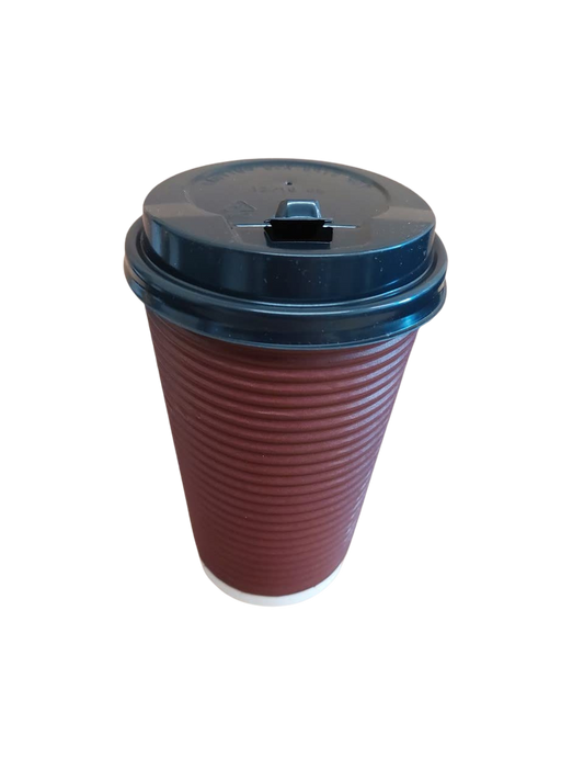 100 Kraft Ripple Disposable Coffee Cups with Black Lids — 16oz, Strong & Insulated, To-Go Paper Cups for Office, Parties, Travel, Home