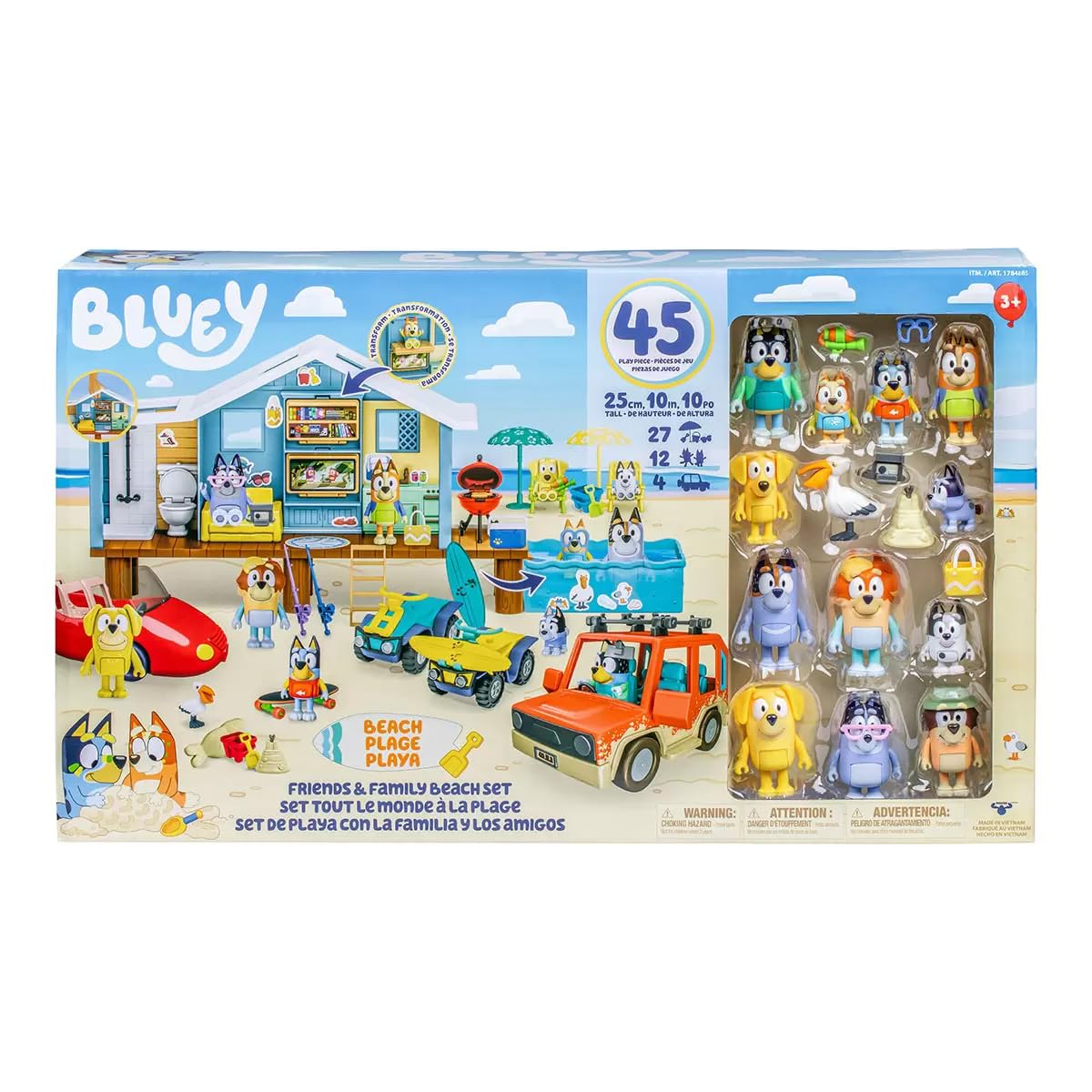 Bluey Friends & Family Beach Bash Mega Set- House Playset 45 Piece Ultimate Mega Set-Large-Includes Sticker Sheet