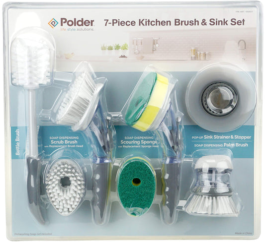 Polder 7-Piece Kitchen Brush & Sink Set, White