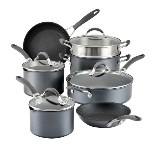 Circulon A1 Series with ScratchDefense 11 Piece Cookware Set Extreme Non Stick Cookware Set Dishwasher Safe with Saucepans, Fry Pans and Stockpot - Grey