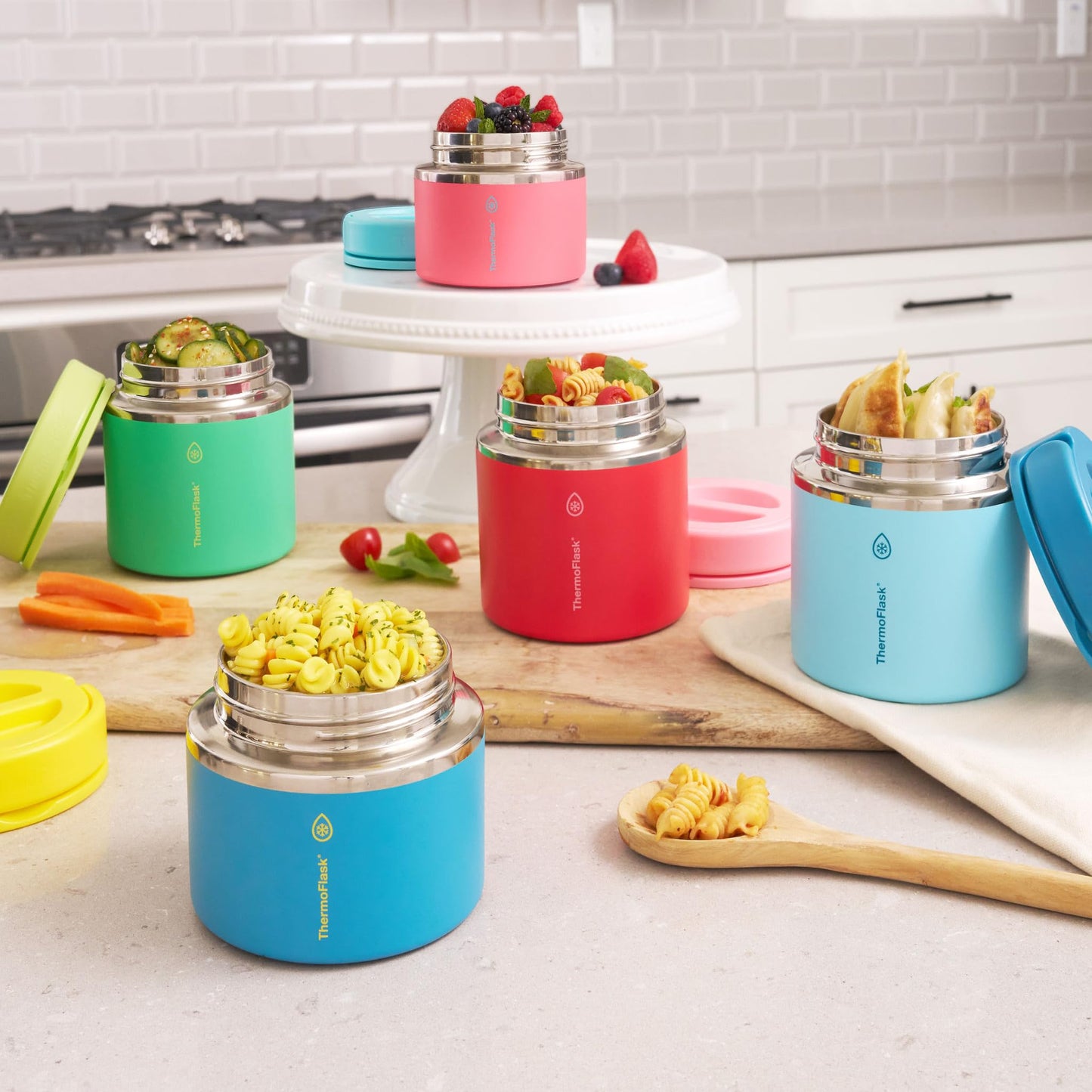 ThermoFlask 20 oz Double Wall Insulated Food Jar, 2-Pack, Raspberry + Candy Pink / Shamrock + Citron