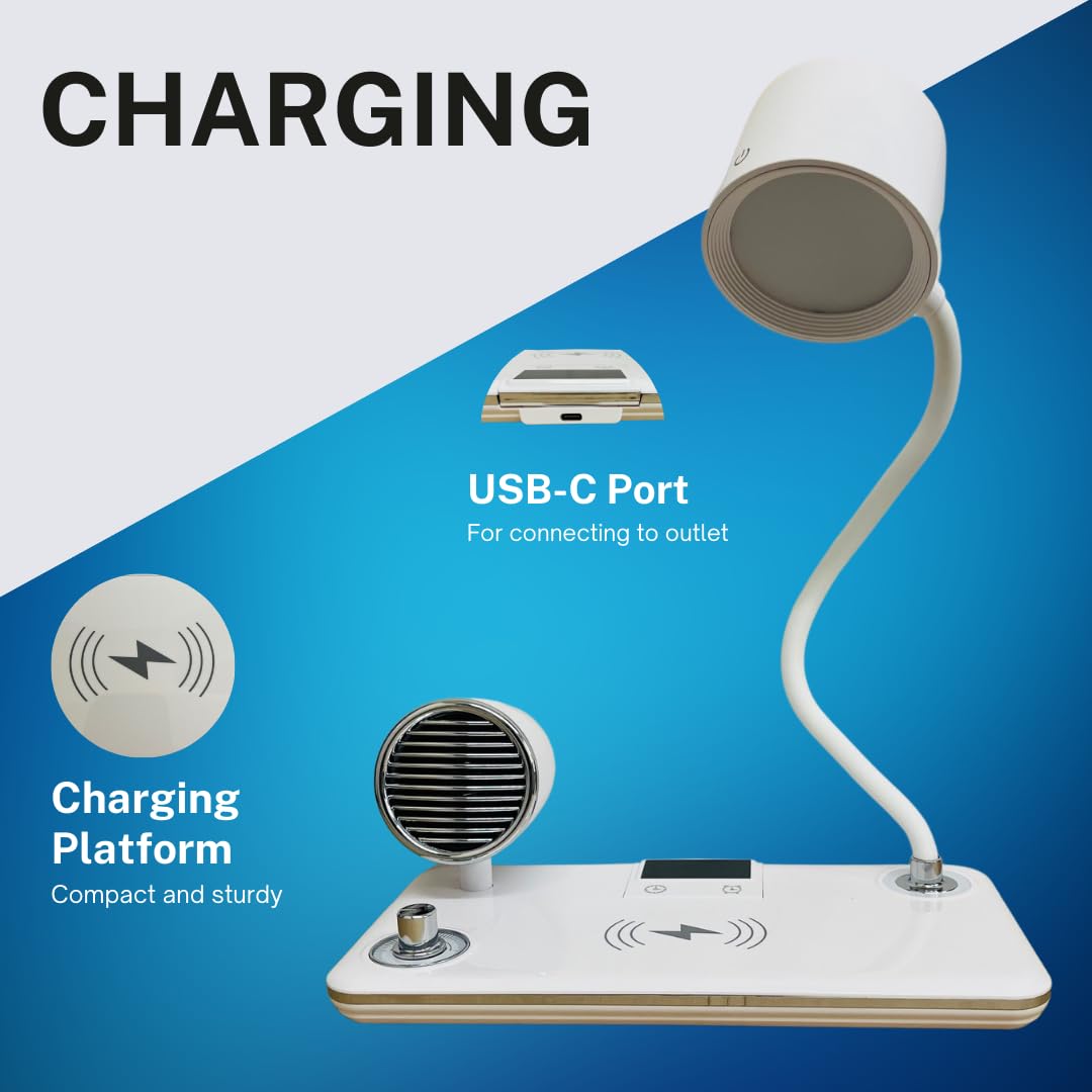 Suprills 4 in 1 Wireless iPhone Charger LED Desk lamp,Bedside Table Lamp with Bluetooth Speaker for Music & Clock Alarm, Touch Control, Adjustable Gooseneck, Dimmable Eye-Caring LED Light
