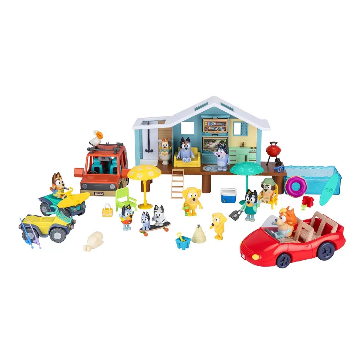 Bluey Friends & Family Beach Bash Mega Set- House Playset 45 Piece Ultimate Mega Set-Large-Includes Sticker Sheet