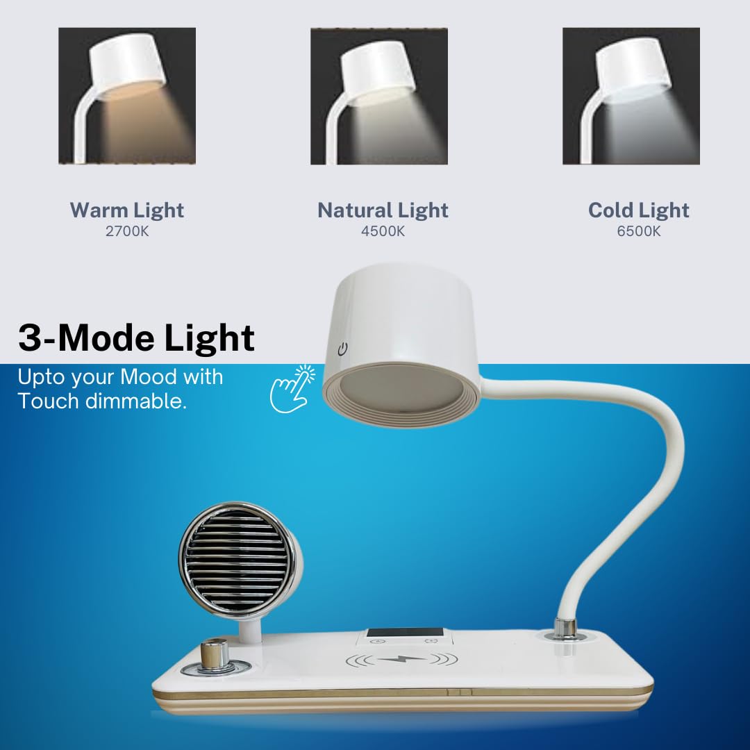 Suprills 4 in 1 Wireless iPhone Charger LED Desk lamp,Bedside Table Lamp with Bluetooth Speaker for Music & Clock Alarm, Touch Control, Adjustable Gooseneck, Dimmable Eye-Caring LED Light